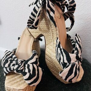 Sam Edelman Zebra Print Espadrille Wedges with tie up ankle.  9M.